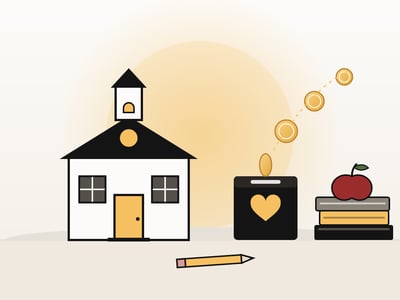 An image of a schoolhouse next to a donation box featuring a heart and a stack of books representing the Education Freedom Tax Credit