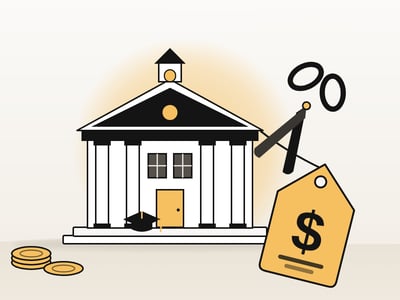 Illustration of a college hall with a large gold price tag hanging from its roof and scissors cutting the string, showing attempts to cut the cost of college.