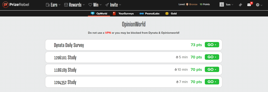 Screenshot of PrizeRebel surveys from Dynate & Opinionworld