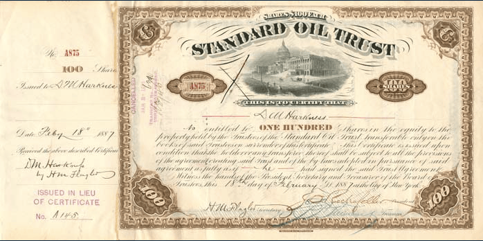 1887 Standard Oil Stock Certificate of DM Harkness signed by his half brother Henry Flagler and JD Rockefeller