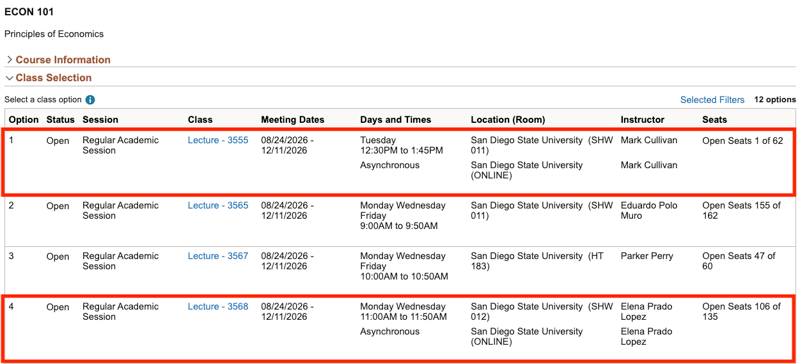 Econ 101 Listing for Fall 2026 at SDSU