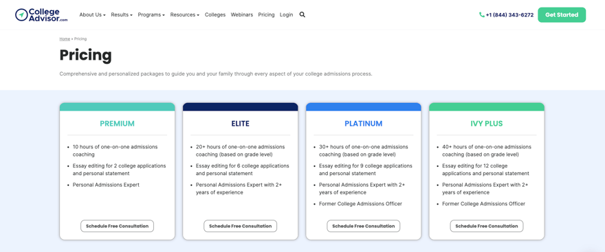 Screenshot of CollegeAdvisor plans