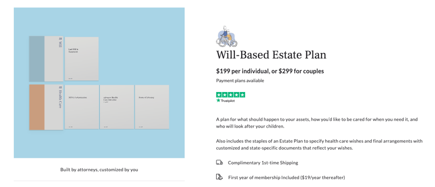 Trust & Will - Will Pricing screenshot of will pricing