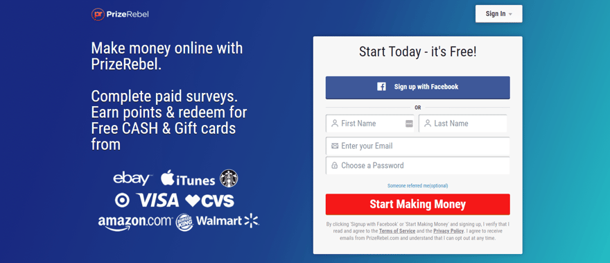 Screenshot of PrizeRebel homepage