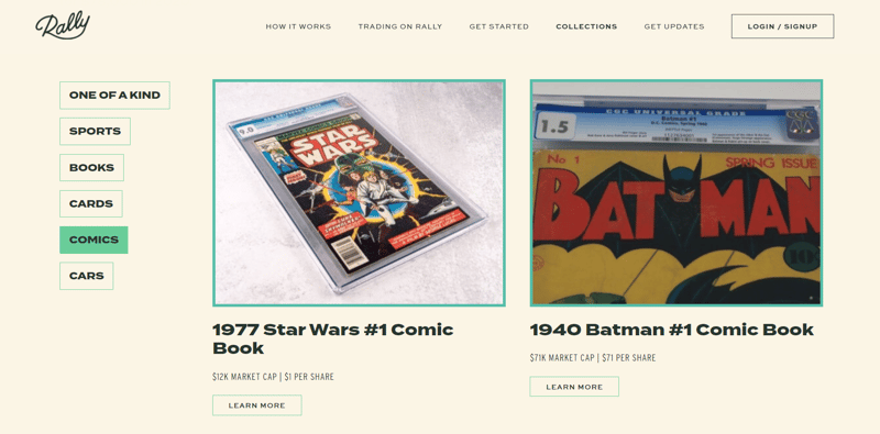 Rally cards for sale Screenshot of comics for sale on Rally
