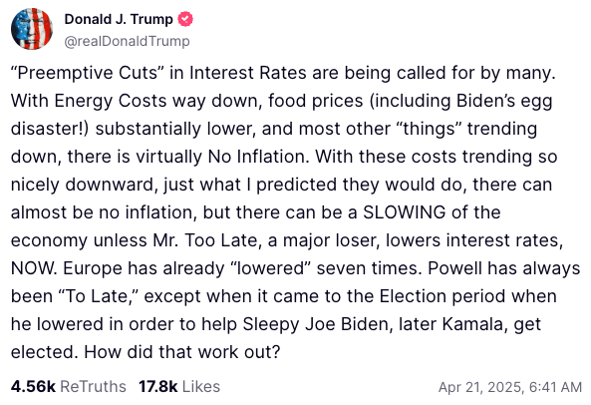 Powell Major Loser President Trump | Source: Truth Social