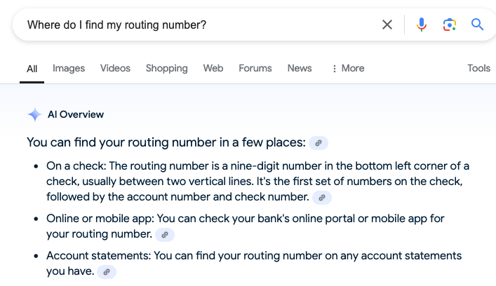 Routing Number Where Do I Find My Routing Number AI Overview | Source: Google