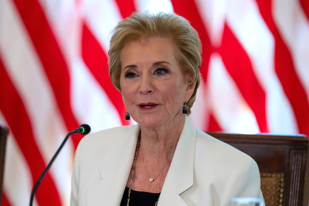 Education Secretary Linda McMahon speaks during a meeting of the White House Task Force on Artificial Intelligence Education in the East Room of the White House, Thursday, Sept. 4, 2025, in Washington. (AP Photo/Alex Brandon)