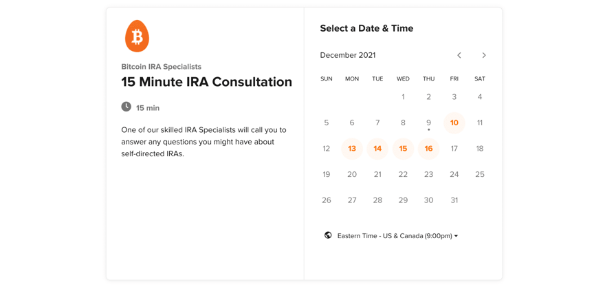 Bitcoin IRA schedule a consultation Screenshot of Bitcoin IRA's consultation calendar