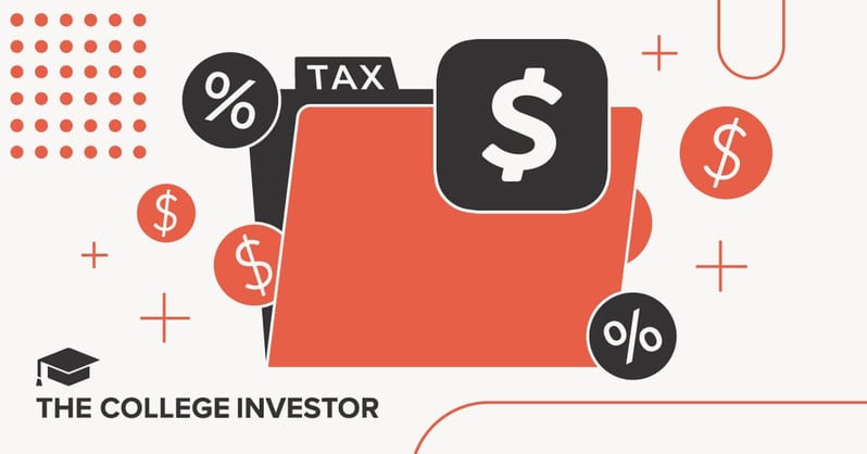 An eye-level, close-up digital illustration shows several abstract representations of tax and financial documents against a light gray background with red dotted and solid line patterns. In the center, a large, stylized red and black folder with a "TAX" label on the tab symbolizes tax documents. Overlapping the folder and scattered around it are various circular and square icons featuring white dollar signs and percentage symbols on black or red backgrounds. These elements visually communicate the core topics of the accompanying article, which provides a detailed Cash App Taxes review, emphasizing its truly free federal and state filing taxes and its ability to handle common tax situations, including investments and business income. Source: The College Investor