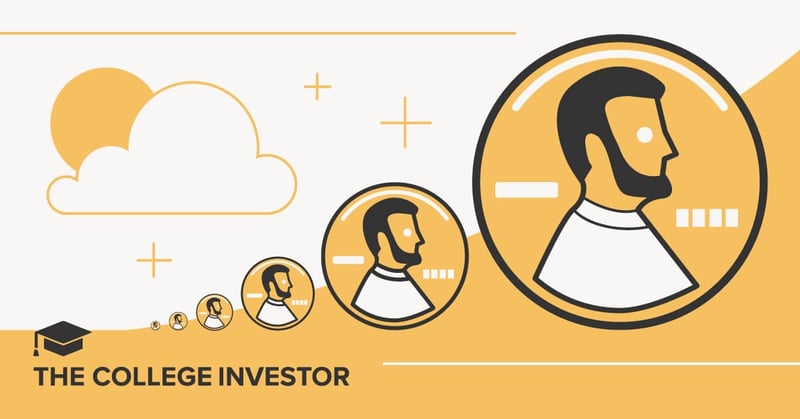 Abstract vector illustration showing a sequence of gold coins featuring a profile of Abraham Lincoln growing progressively larger from left to right. Set against a yellow background with a white cloud and plus signs, the graphic visually represents the power of compound interest and exponential growth, illustrating the mathematical concept of a penny doubling daily versus a lump sum of one million dollars. Source: The College Investor