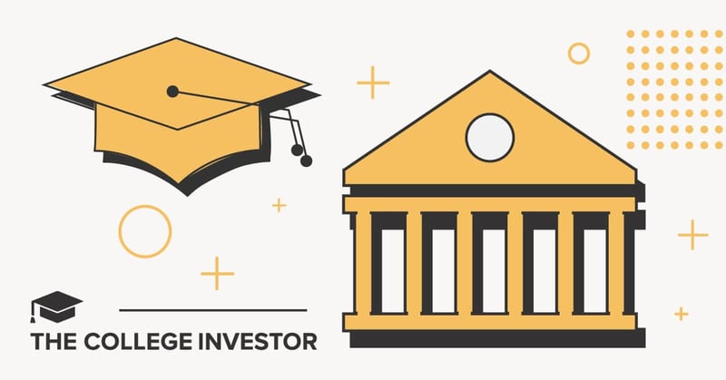 A digital illustration features a prominent yellow graduation cap with a black tassel on the left, symbolizing academic achievement and students. To the right, a classic yellow and black depiction of a bank or institutional building with columns represents financial services. These two main elements are connected by a thin, dashed line and surrounded by small, geometric shapes including circles and plus signs in yellow, orange, and black, suggesting a connection between students and banking services. The text "THE COLLEGE INVESTOR" is visible in black at the bottom left, reinforcing the article's focus on free college student checking accounts, no fees, and the best options like PNC Bank, highlighting the benefits and conveniences for students managing their finances.