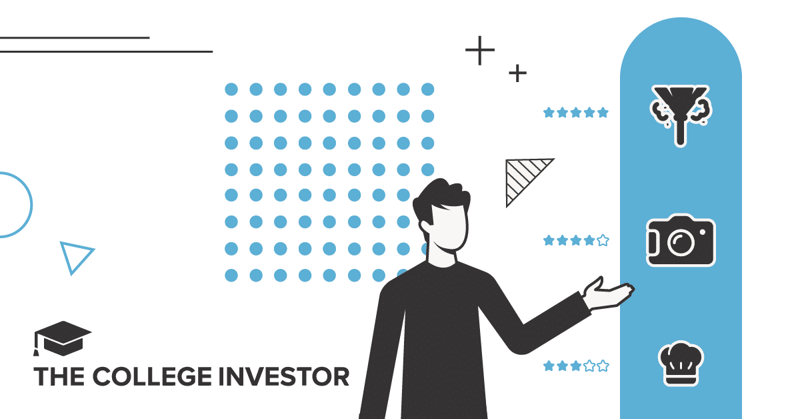 A dynamic infographic illustration titled "The College Investor: Best Side Hustles" features a stylized figure of a man in a black shirt on the lower center, gesturing with an open hand towards a list of icons on a light blue panel on the right. The background is a mix of white and light blue, adorned with scattered light blue polka dots and minimalist black line art shapes like plus signs and triangles. The man's gesture highlights three black icons arranged vertically: a funnel, a camera, and a chef's hat, each accompanied by five blue stars, suggesting high ratings for these side hustle categories. This visual aims to help readers identify worthwhile side hustles with high earning potential, good scheduling flexibility, and growth opportunities, tying into the article's focus on effective ways to earn extra money to achieve financial goals like paying off student loans or saving for retirement.
