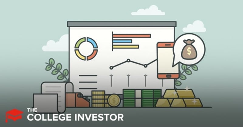An illustrated image depicts various financial elements against a light blue sky with white clouds, all relating to the article's focus on online banking and investment. In the center, a large white presentation board displays a colorful pie chart, a bar graph, and a line graph with upward-pointing arrows, symbolizing growth and positive financial performance. Below the board, stacks of gold coins, bundles of green cash, and four gleaming gold bars represent diverse investment opportunities. To the left, a scroll of paper and what appears to be a document or statement are visible next to a plant with green leaves. A red smartphone on the right has a speech bubble emanating from it, containing a money bag icon with a dollar sign, signifying mobile banking, app-based financial products, or earning interest. The image effectively illustrates the concept of competitive online banking products, interest-earning checking, and online business bank accounts discussed in the LendingClub Banking review.