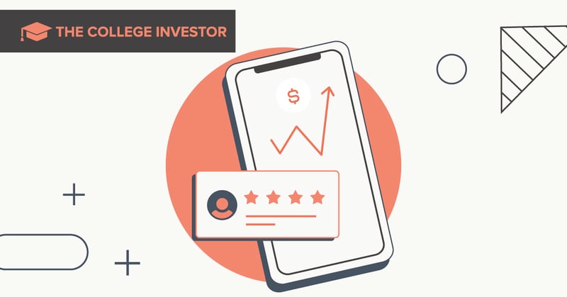 CollegeInvestor_1200x628_Best_Free_Investing_Apps A white smartphone, slightly angled, is centered on a light beige background with an orange circle directly behind it, illustrating the concept of free investing apps. The phone's screen displays a red dollar sign with an upward-trending arrow and a jagged line, symbolizing potential investment growth and returns. In front of the phone, a white rectangular pop-up box with an orange border features a red silhouette of a person's head and shoulders next to five red stars, indicating user reviews or ratings for an investing app. Various dark gray geometric shapes, including plus signs, circles, and a curved line, are scattered in the background, adding to the modern, digital aesthetic. The top left corner shows a black banner with "THE COLLEGE INVESTOR" in white text, clearly branding the image for an article discussing the best free investing apps.