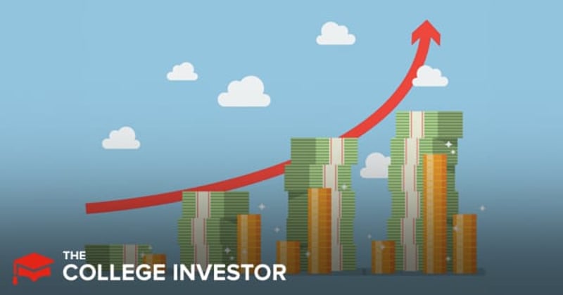 new retirement A colorful cartoon illustration depicts financial growth and successful retirement planning, relevant to the Boldin review for financial independence. Against a light blue sky with several white, fluffy clouds, stacks of green paper money and golden coin rolls are arranged in an increasing bar graph pattern from left to right, symbolizing growing savings and investments. A prominent red arrow curves upwards over these financial stacks, pointing towards the top right corner, emphasizing an upward trend in wealth and the maximization of one's estate. In the bottom left corner, the white text "THE COLLEGE INVESTOR" is displayed, indicating the source of this article and its focus on helping individuals, including college investors, build their path to retirement savings goals. The image visually represents the positive outcomes of using tools like NewRetirement for detailed charting and reports on financial planning.