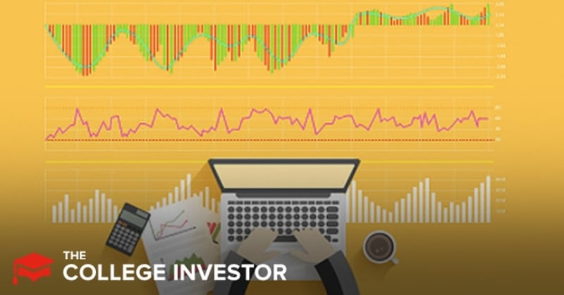 This illustrative image depicts a top-down view of a person using a laptop with hands visible on the keyboard, surrounded by investment-related items on a bright yellow desk. Above the workspace, two distinct stock market charts are displayed against a yellow background, featuring green and red bar graphs and a fluctuating line graph, symbolizing stock performance and trends. To the left of the laptop, a black calculator and a document with a red and green line graph are visible, representing financial calculations and stock analysis. On the right, a cup of coffee suggests a focused work environment. The bottom left corner prominently features the text "THE COLLEGE INVESTOR." This image effectively visualizes the intensive research and analytical work involved in stock picking and investment services like The Motley Fool, as discussed in the accompanying article.