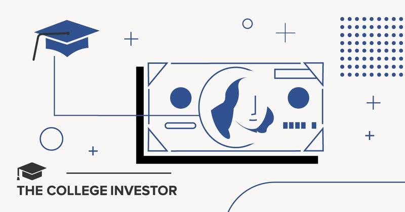 An illustrative image features a minimalist design with a blue graduation cap, or mortarboard, positioned in the upper left corner, connected by a blue line to a stylized dollar bill. This visual metaphor represents the flow of money, likely student loans or refinancing, towards education. The dollar bill, outlined in blue with solid blue accents, emphasizes financial aspects. The background is light gray with various geometric shapes like circles and plus signs in blue and black, creating a clean, modern aesthetic. In the bottom left, the words "COLLEGE INVESTOR" are visible, identifying the brand. This image contextualizes the article's focus on SoFi student loans and refinancing, highlighting the financial investment in higher education and the process of managing student debt, potentially through services like those offered by SoFi or Credible.