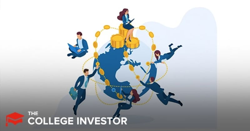 J.P. Morgan Self-Directed Investing Review This image features a global investing concept, centered around a blue and yellow stylized world map, symbolizing the reach and accessibility of J.P. Morgan Self-Directed Investing. Several animated figures in business attire are actively engaging with the world, some appearing to fly or float around it, suggesting the ease and freedom of a commission-free trading platform. Golden coin symbols are scattered across the map, representing financial growth and investment opportunities. The top of the image prominently displays "J.P. Morgan Self-Directed Investing App Review" in bold red and black text, directly referencing the article's focus on the J.P. Morgan Self-Directed Investing app, which competes with platforms like Robinhood, Fidelity, and Schwab in the market for free trading and high-value brokerage accounts.