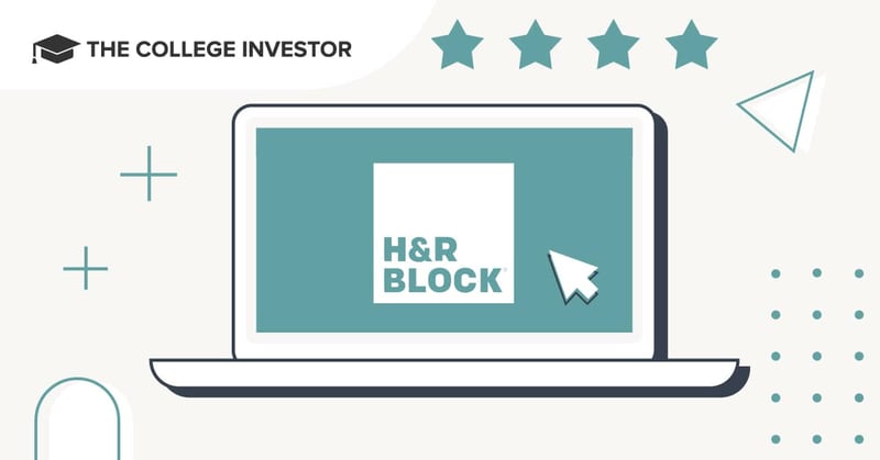 CollegeInvestor_1200x628_H_R_Block_Online_Review_2023 A stylized, modern illustration depicts a laptop displaying the H&R Block logo on its screen, set against a light teal background with a prominent white cursor pointing to the logo. Above the laptop, four solid teal stars are visible, indicating a positive rating, while the text "THE COLLEGE INVESTOR" is partially shown in the top left corner, suggesting the source of this review. The overall image reinforces the article's focus on H&R Block's online tax software, highlighting its ease of use and premium services for tax filers, as the laptop represents the online tax preparation experience and the stars denote its high ranking among competitors like TurboTax and TaxAct. Source: The College Investor