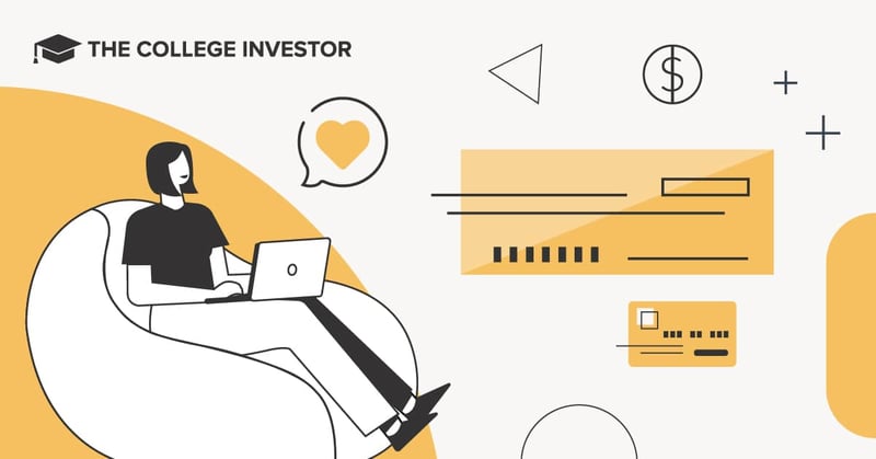 CollegeInvestor_1200x628_Best_Teen_Checking_Accounts A minimalist, line-art illustration depicts a stylized person, likely a teenager or young adult, with short dark hair, wearing a black top and white pants, comfortably seated in a white, rounded armchair. They are actively engaging with a white laptop, symbolizing online banking and money management. Above their head, a speech bubble contains a yellow heart, suggesting satisfaction or positive feelings towards financial literacy. To the right, various financial elements are illustrated: a large yellow rectangle with horizontal lines and a small rectangle at the top right represents a blank check, indicating checking account features. Below it, a smaller yellow rectangle with dashed lines and a square represents a debit card, crucial for teen bank accounts. In the upper right corner, a circle with a dollar sign further emphasizes financial concepts. The overall image, titled "Best Teen Checking Account," visually represents the article's focus on helping teens learn money management skills through the use of checking and debit accounts, highlighting convenience and positive financial experiences.