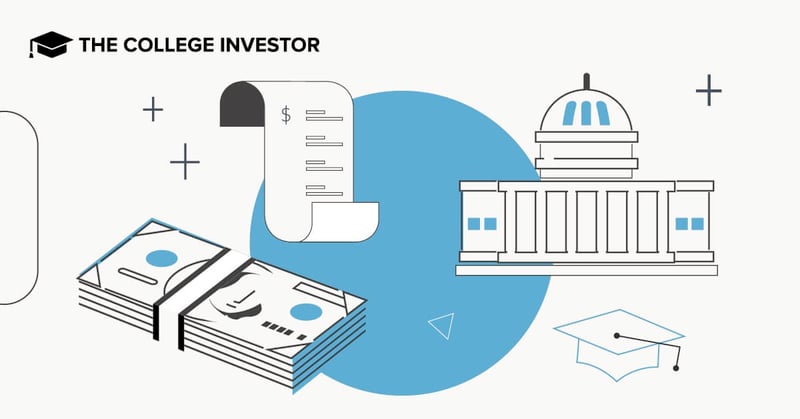 CollegeInvestor_1200x628_Does_The_Government_Profit_Off_Student_Loans A stylized illustration against a white background depicts elements related to student loans and government finances. A large, teal-blue circle dominates the right side, partially overlapping a stack of money in the foreground. This stack of cash, secured with a band, features circular accents on the bills, suggesting financial transactions. Above the money and to the left, a scroll-like document, possibly representing a bill or loan statement, unrolls with some text visible. To the right, within the blue circle, a white graduation cap with a tassel is shown, symbolizing education and student status. Scattered around the main elements are small, subtle geometric shapes like triangles and a plus sign, adding to the clean, infographic-style presentation. The image visually connects to the article's question, "Does The Government Profit Off Student Loans?", by illustrating the financial and educational aspects involved in federal student loan programs.