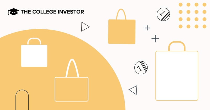 This illustrative banner image for The College Investor website features a minimalist design with a light background and a large, curved yellow shape dominating the lower left. Various stylized representations of shopping bags are scattered across the composition, some filled in white or yellow, and others as outlines, subtly referencing saving and spending in a financial context. Triangular and plus sign shapes, along with a dotted grid pattern and circles containing the number "1," add visual interest and a sense of dynamic growth or transactions. In the upper left corner, the logo "THE COLLEGE INVESTOR" is prominently displayed with a graduation cap icon. The image visually supports content about the CIT Bank Platinum Savings account, hinting at the potential for financial growth and smart money management through savings, as detailed in the accompanying article. Source: The College Investor