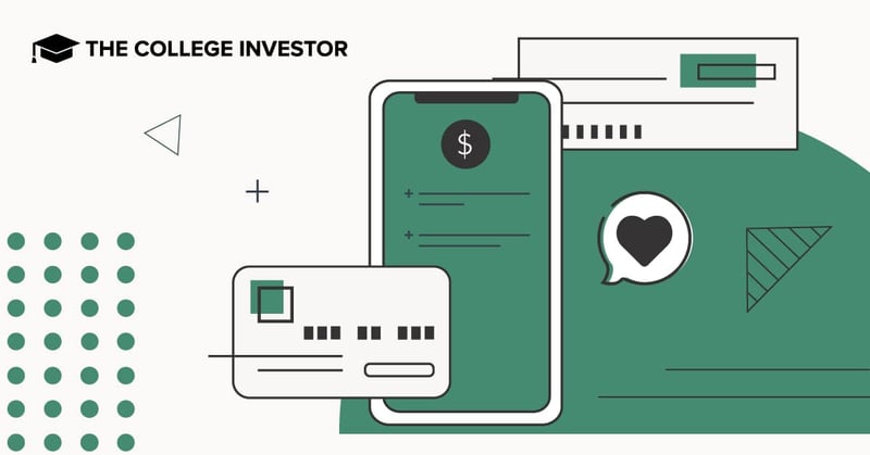 CollegeInvestor_1200x628_Grasshopper_Bank_Review A modern, minimalist graphic representing digital banking solutions, with "THE COLLEGE INVESTOR" in the top left corner, set against a light grey background with teal accents and abstract shapes. The central focus is a white smartphone displaying a dollar sign icon, symbolizing financial transactions and mobile banking, alongside a white credit or debit card, highlighting the ease of access for Grasshopper Bank's free digital checking account. A speech bubble containing a heart icon further emphasizes customer satisfaction and the positive review of Grasshopper Bank, which offers flexible financing solutions and APIs for fintech brands.