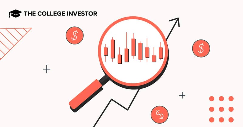 A vibrant, minimalist illustration on a white background visually represents the concept of how to research stocks for beginners, central to the article's focus on investing in stocks for a smart financial future. The primary element is a large red magnifying glass, prominently centered, with its handle extending diagonally downwards to the left. Inside the magnifying glass, candlestick charts are depicted in red and white, symbolizing market trends and stock analysis. Around the magnifying glass, several financial icons are scattered, including dollar signs in red circles and plus signs, suggesting growth and strategic investment. In the upper right corner, an upward-trending black arrow signifies increasing stock values and successful investment portfolio growth. The overall image reinforces the article's message that researching stocks doesn&rsquo;t have to be overwhelming, but rather an accessible skill to learn the basics and get started. Source: The College Investor