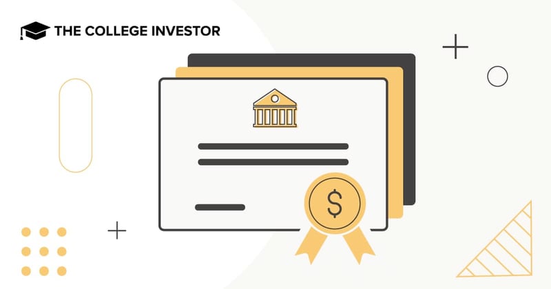 CollegeInvestor_1200x628_Best_No-Penalty_CDs A stylized graphic illustrates the concept of no-penalty Certificates of Deposit (CDs). The central focus is a stack of three rectangular certificates, with the topmost certificate prominently displaying a yellow outline of a classical bank building icon and several horizontal lines representing text. A circular gold medal with a dollar sign in its center and a yellow ribbon hangs from the bottom right corner of the front certificate. The background is light gray with abstract geometric shapes in yellow and black, including plus signs and a curved rectangle, creating a modern and clean aesthetic. The upper left corner features the text "THE COLLEGE INVESTOR" in black capital letters. This image visually represents financial instruments like penalty-free CDs, which offer higher-than-average interest rates and flexibility for early withdrawals, akin to high-yield savings accounts, as discussed in the accompanying article on the best no-penalty CD rates.
