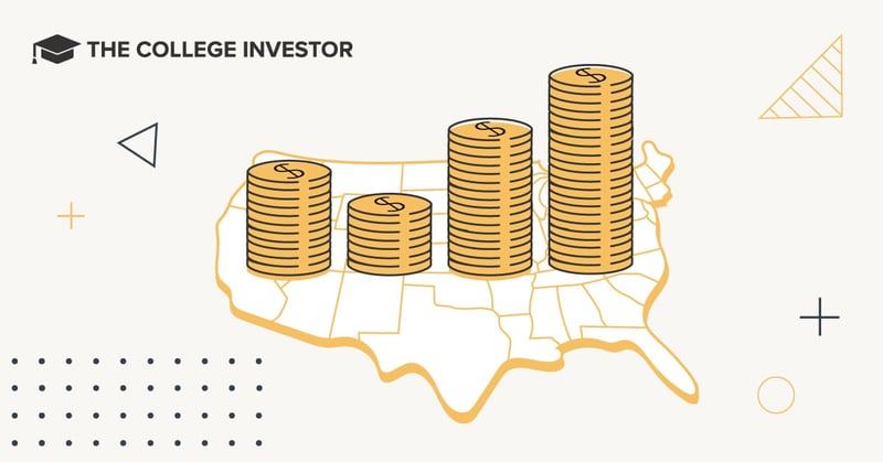 An infographic titled "THE COLLEGE INVESTOR" illustrates the average student loan debt by state across the United States. The image features an outline map of the continental US in a light yellow outline on a white background. Stacked columns of gold coins, each with a dollar sign, are placed on various states, visually representing the varying average student loan debt balances. Some columns are taller than others, indicating higher debt in certain regions, aligning with the article's discussion of states like Washington D.C. and Maryland having the highest average student loan debt, and North Dakota the lowest. The visual helps convey the significant differences in debt loads from state to state, a key point within the article's "Student Loans By State Fast Facts" section. Source: The College Investor