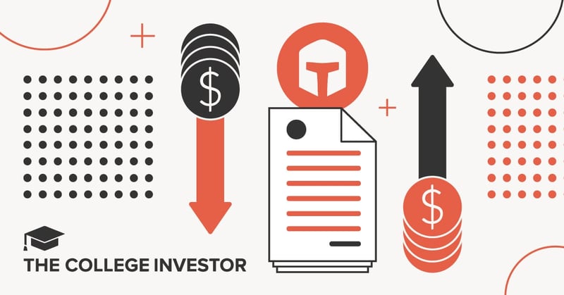 A graphic illustrating the cost-saving benefits of TaxSlayer, featuring a stack of coins with dollar signs and a downward-pointing red arrow on the left, symbolizing lower prices and savings on tax filing. To the right, an upward-pointing black arrow and another stack of dollar-sign coins represent increased savings or financial gains for users. Centered in the image is a stylized document with lines of text, indicating tax forms or financial paperwork. Above the document, a red circular logo with a white, stylized helmet or shield symbol represents TaxSlayer, aligning with the article's focus on TaxSlayer's affordable tax software for the 2025 tax season. The overall design incorporates minimalist red and black geometric shapes and patterns, reinforcing the article's discussion of TaxSlayer as one of the best tax software choices for those looking to save money. Source: The College Investor