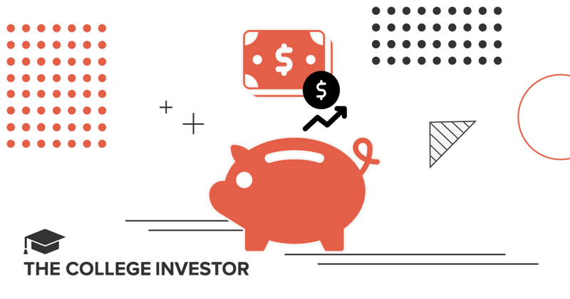 This vibrant graphic illustrates the concept of money market accounts and growing savings, featuring a prominent red piggy bank in the center. Above the piggy bank, a red rectangle stylized as a stack of money bills with a dollar sign indicates funds. To its right, a circular icon containing a dollar sign and an upward-trending arrow signifies increasing interest rates and financial growth, directly relating to the article's discussion of annual percentage yields (APYs) on money market accounts. The background includes various abstract geometric shapes and patterns in black and red, adding a dynamic, modern feel. The bottom left corner includes the text "COLLEGE INVESTOR", identifying the source of the content. This image effectively visualizes the benefits of parking savings, emergency funds, or large sums of cash in high-yield money market accounts, emphasizing the potential for increased returns as discussed in the article's top picks. Source: The College Investor