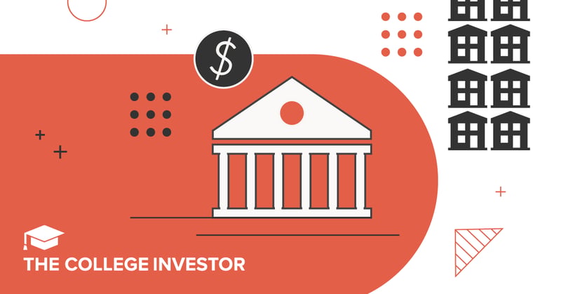 Banks_for_Real_Estate_1200x628 A vibrant, high-contrast graphic with a bold orange and white color scheme illustrates the financial relationship between real estate investors and banking institutions. On the left, against an orange background, a stylized white icon of a classical bank building with columns and a pediment is centrally positioned. Above the bank, a black circle with a white dollar sign signifies financial transactions and banking services. To the far right, a vertical stack of nine small, dark grey house icons represents multiple rental properties or real estate investments, hinting at the landlord aspect of the article. Various geometric shapes like dots, crosses, and partial circles are scattered across the image, adding a modern, abstract feel. In the bottom left corner, the logo "THE COLLEGE INVESTOR" with a graduation cap icon is visible. This image visually encapsulates the article's focus on the best banks for real estate investors and landlords, emphasizing the crucial link between financial institutions and property ownership. Source: The College Investor
