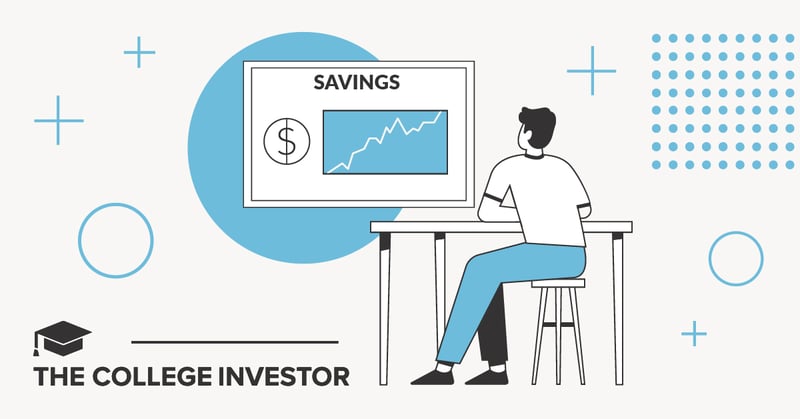 TheCollegeInvestor_AllSizes_SaveBetter_Review_1200x628 A minimalist illustration depicts a person sitting at a desk, looking at a large computer monitor displaying a "SAVINGS" dashboard. The screen shows a dollar sign icon next to a graph with an upward-trending blue line, symbolizing financial growth and high-yield savings. The individual, dressed in a white t-shirt and blue pants, faces away from the viewer, fully engaged with the data. The background is a light gray with various blue geometric shapes and plus signs, creating a modern, clean aesthetic that suggests financial technology and smart investing. This image visually represents the article's focus on platforms like Raisin (formerly SaveBetter) that help users find the highest savings and CD rates, counteracting the low returns of traditional banks and aiming to grow money against inflation. Source: The College Investor