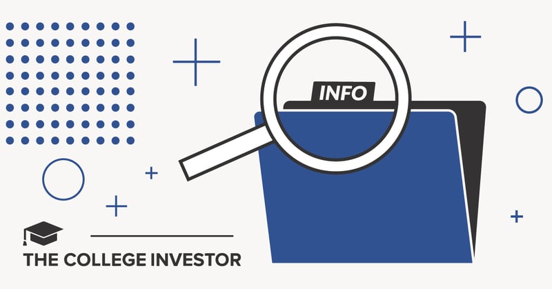An illustrative graphic depicts a magnifying glass hovering over an open blue folder with a tab labeled "INFO," signifying the search for information. This visually represents the article's focus on "What Information Do Banks And Credit Unions Share About You?" The background features a minimalist pattern of blue geometric shapes, including plus signs, circles, and a dotted rectangle, against a light off-white backdrop, suggesting data and connectivity. In the bottom left, "THE COLLEGE INVESTOR" logo with a graduation cap reinforces the financial education context of understanding bank reporting to federal agencies like the IRS and FinCEN regarding interest income, large cash transactions, and suspicious activities.