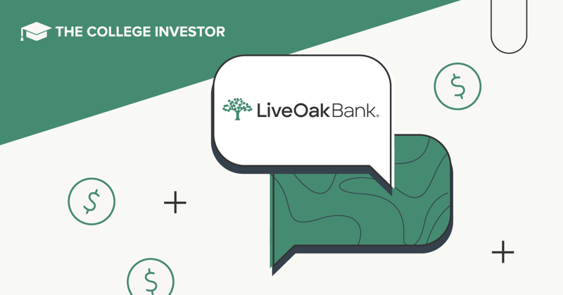 CollegeInvestor_1200x628___Live_Oak_Bank_Review This banner image features the Live Oak Bank logo prominently displayed within a white speech bubble with rounded corners, positioned slightly off-center on a two-toned background. The logo shows a green silhouette of a live oak tree next to the stylized "LiveOakBank." text in black. Behind this, a larger, dark teal speech bubble points downward and to the left, partially obscured by the white bubble, creating a conversational visual. The background is divided diagonally, with the upper left section in the same dark teal as the larger speech bubble and the rest in a lighter, off-white hue. Scattered across the image are various financial iconography: several encircled dollar signs and plus symbols, all rendered in a thin, dark teal outline, suggesting banking, savings, and business products. The top left corner features "THE COLLEGE INVESTOR" in white text against the dark teal, indicating the source of the review. The overall design conveys a modern and professional feel, directly relating to the article's focus on a Live Oak Bank review and its offerings for savers and small business owners.