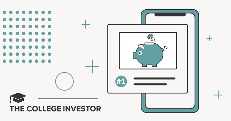 A light blue and white graphic illustrates a smartphone displaying a white notification box with a piggy bank icon. The smartphone, outlined in light blue, is tilted slightly to the right, suggesting an interactive or dynamic interface. Inside the notification box, a light blue piggy bank with a coin slot is prominently featured, representing savings. Below the piggy bank, the number "1" in a light blue circle indicates a ranking or priority. The background is a minimalist design with various light blue geometric shapes, including a grid of dots, plus signs, and open circles, adding a modern, digital feel. In the bottom left corner, a black graduation cap icon sits above the text "THE COLLEGE INVESTOR." This image visually represents the concept of automatic savings apps and financial technology, specifically relating to how apps like "Debbie" can help users achieve debt payoff and savings milestones, as discussed in the accompanying article on the best automatic savings apps.