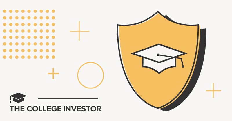 TheCollegeInvestor_AllSizes_GradGuard_Review_1200x628 A clean, minimalist graphic with a cream background prominently features a large, stylized golden shield on the right, containing a white graduation cap and tassel icon, symbolizing protection for college students. To the left, a pattern of golden dots, several golden plus signs, and an empty golden circle add abstract design elements. In the bottom left corner, the logo "THE COLLEGE INVESTOR" is displayed in black capital letters next to a small black graduation cap icon, reinforcing the financial education theme. This image serves as a visual header or featured graphic for an article discussing a GradGuard review, highlighting the importance of tuition insurance and dorm room renters insurance for college students and their unique financial needs. Source: The College Investor