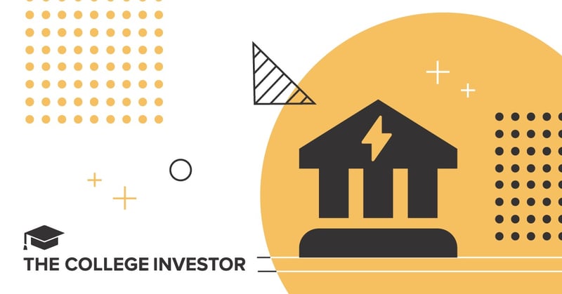 An engaging image for a review of FVCbank, featuring a large, stylized black icon of a classical bank building with four columns and a prominent lightning bolt symbol on its roof, all set against a vibrant yellow circle on the right side of the frame. The background is a crisp white, adorned with various abstract geometric shapes and patterns in black and yellow, including dotted squares, circles, triangles with diagonal lines, and plus signs, creating a modern and dynamic visual. The lower-left corner of the image subtly includes text that appears to be part of "THE COLLEGE INVESTOR," indicating the source or publisher of the FVCbank review. This visually appealing graphic serves to attract readers to the article discussing FVCbank's features, pricing, and services for both personal and business financial needs, especially highlighting its presence in the DC-area market.