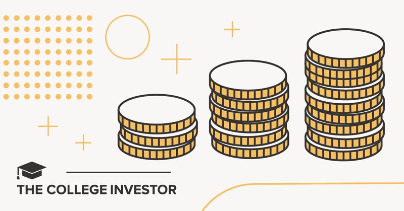This stylized graphic illustrates the concept of compound interest and growth in retirement savings over time, featuring three progressively taller stacks of gold coins with white tops, set against a light cream background. The smallest stack has two coins, the middle has four, and the tallest has seven, visually representing the "investing for retirement early and often" strategy discussed in the article. Abstract orange-gold geometric shapes, including scattered dots, outlines of circles, and plus signs, are dispersed across the background, adding to the modern design. The bottom left corner shows "THE COLLEGE INVESTOR" in black sans-serif font, highlighting the source of this content focused on "best retirement calculators to project your savings." The image conveys the long-term project of saving and investing for retirement, reinforcing the idea of accumulating wealth through consistent contributions and "compounding growth."