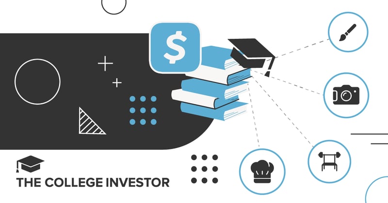 A graphic illustrating student loans for career training and trade schools features a stack of light blue and white books topped with a graduation cap on the right side of a dark gray, rounded rectangular shape. Above the books, a light blue square with a white dollar sign symbolizes the financial aspect of student loans. Dashed lines extend from the graduation cap to five circular icons on the right, representing various trade school paths: an artist's brush, a camera, a chef's hat, and a barbell, all in black within light blue circles, signifying different career training options such as culinary arts or cosmetology. The overall image, with its clean lines and minimalist design, effectively communicates the article's focus on securing the best student loans for trade school and career training, highlighting available private student loan opportunities when federal options are not accessible.