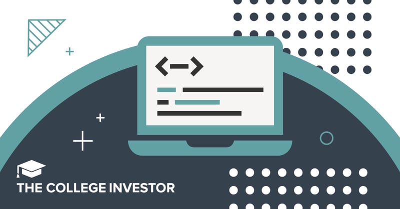This social image for "The College Investor" article on "Best Coding Bootcamp Loans" features a stylized illustration of an open laptop in the center, displaying lines of code with an arrow bracket icon, symbolizing the technical training programs discussed. The laptop is rendered in a dark teal color, set against a two-tone background of light teal and dark blue, with geometric patterns including triangles, plus signs, and circular dots, conveying a modern and educational theme. The image visually represents the pursuit of a higher-paying job through coding bootcamps and the financial solutions, like private loans, offered by lenders such as Ascent and Climb Credit, to cover tuition and living expenses. The composition emphasizes the digital nature of coding education and the accessible funding options available.