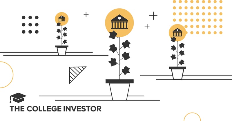 A graphic illustration on a white background depicts three potted plants, each with a building icon in a yellow circle above it, symbolizing growth and investment in higher education. The central plant is the largest, featuring dark, ivy-like leaves climbing a stem from a white pot, topped by a prominent yellow circle with a black outline of a classical university building. To its left and right, two smaller, similarly styled potted plants also show ivy-like growth and smaller university building icons, representing the historical campuses and rigorous academic programs of Ivy League schools. The background includes minimalist black and yellow dotted patterns and plus signs, suggesting academic structure and potential. A black triangular arrow points left, and "COLLEGE INVESTOR" is written in bold black text at the bottom left, connecting the visual to the financial and educational investment discussed in the article about Ivy League universities.