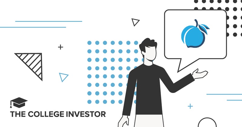 Minimalist vector illustration featuring a stylized figure of a man gesturing toward a speech bubble containing a blue peach logo. The graphic uses a clean black, white, and blue color scheme with geometric shapes like dots and triangles in the background. This visual accompanies the Nectarine Financial Advisor Review, representing the platform's service of connecting investors with vetted financial professionals for advice. Source: The College Investor