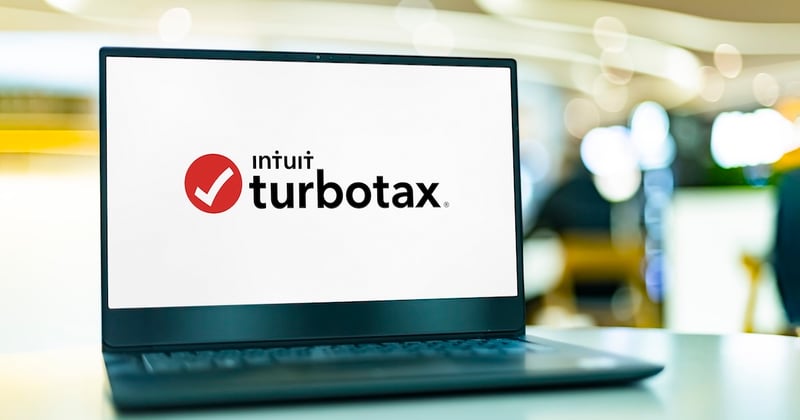 Laptop computer displaying logo of TurboTax, a software package for preparation of American income tax returns, produced by Intuit.