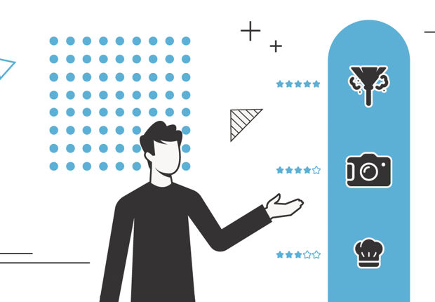 A dynamic infographic illustration titled "The College Investor: Best Side Hustles" features a stylized figure of a man in a black shirt on the lower center, gesturing with an open hand towards a list of icons on a light blue panel on the right. The background is a mix of white and light blue, adorned with scattered light blue polka dots and minimalist black line art shapes like plus signs and triangles. The man's gesture highlights three black icons arranged vertically: a funnel, a camera, and a chef's hat, each accompanied by five blue stars, suggesting high ratings for these side hustle categories. This visual aims to help readers identify worthwhile side hustles with high earning potential, good scheduling flexibility, and growth opportunities, tying into the article's focus on effective ways to earn extra money to achieve financial goals like paying off student loans or saving for retirement.
