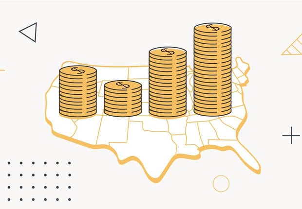 An infographic titled "THE COLLEGE INVESTOR" illustrates the average student loan debt by state across the United States. The image features an outline map of the continental US in a light yellow outline on a white background. Stacked columns of gold coins, each with a dollar sign, are placed on various states, visually representing the varying average student loan debt balances. Some columns are taller than others, indicating higher debt in certain regions, aligning with the article's discussion of states like Washington D.C. and Maryland having the highest average student loan debt, and North Dakota the lowest. The visual helps convey the significant differences in debt loads from state to state, a key point within the article's "Student Loans By State Fast Facts" section.