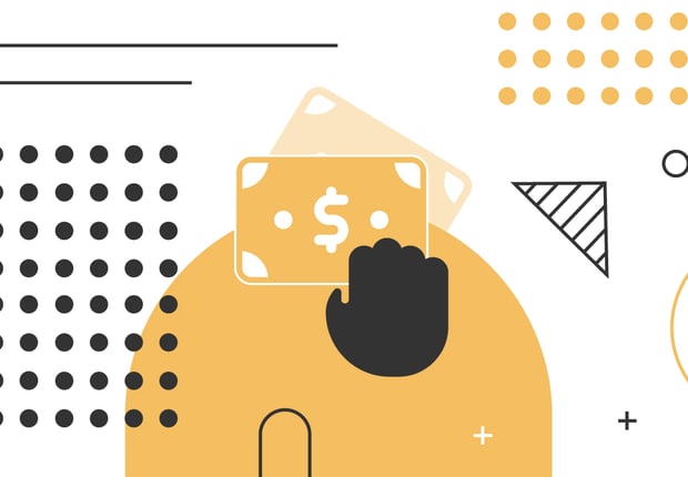 This abstract graphic visually represents the concept of Public Service Loan Forgiveness (PSLF) and student loan repayment. A prominent orange semi-circle forms the base, with a dark hand holding a rectangular banknote featuring a white dollar sign icon, symbolizing financial transactions and loan payments. Surrounding these central elements are various geometric shapes, including a grid of black dots, individual yellow dots, thin black lines, a black-and-white striped triangle, and a white plus sign, all against a clean white background. The image reinforces the article's focus on federal student loan forgiveness programs and the mechanics of making qualified payments over 10 years for those in public service jobs.