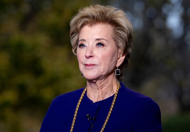 Education Secretary Linda McMahon speaks during a television interview at the White House, Tuesday, Nov. 19, 2025, in Washington. (AP Photo/Alex Brandon)